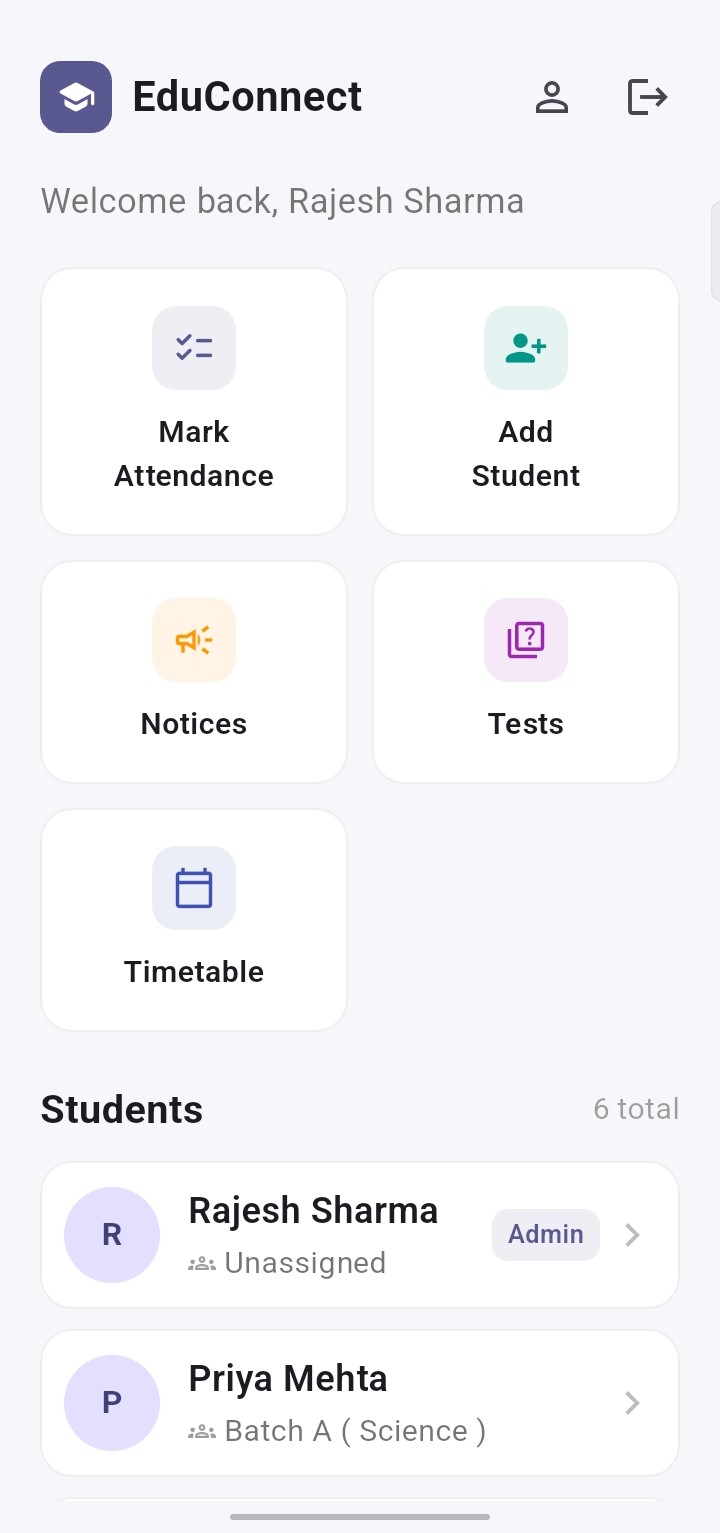 EduConnect admin dashboard showing quick actions and student list