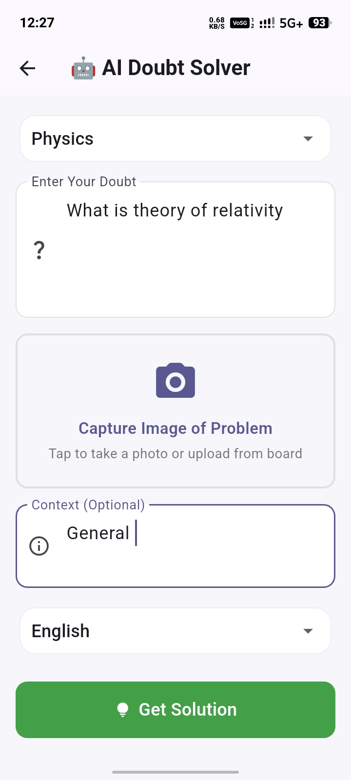 AI Doubt Solver screen where a student types a question or captures an image of a problem