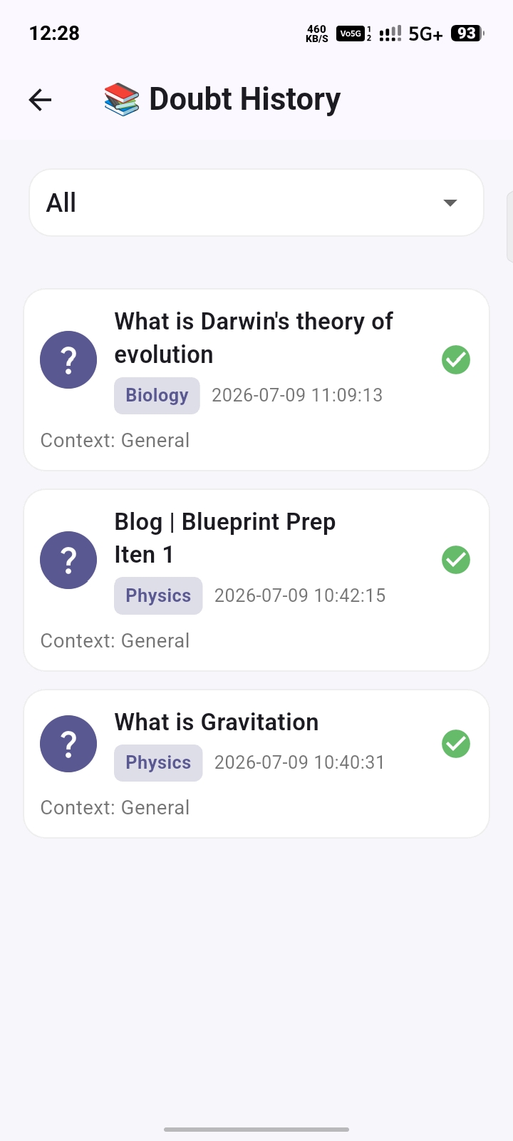 Doubt history screen listing previously solved questions by subject and date