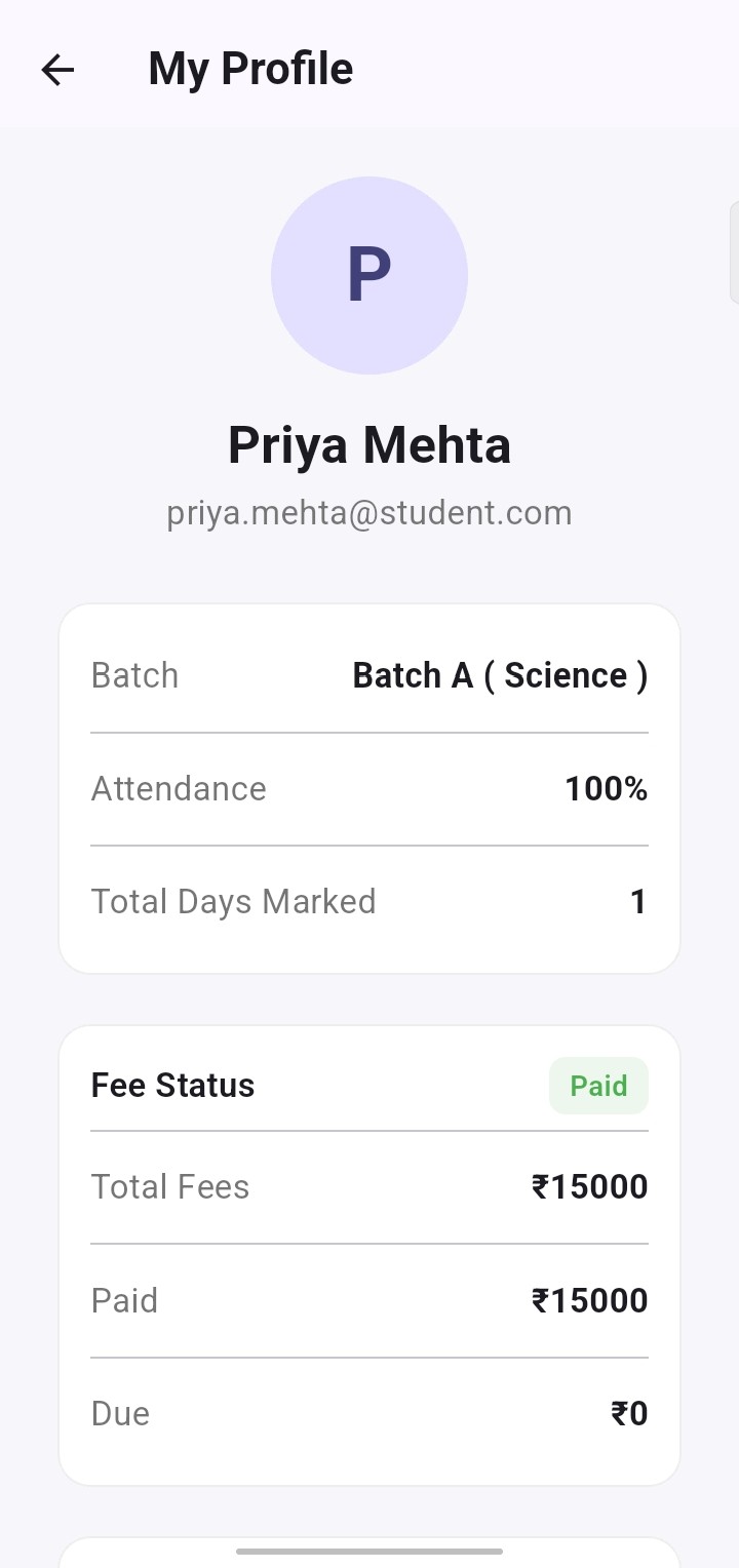 Student profile screen showing batch, attendance percentage and fee status